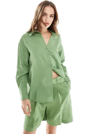 MANGO Linen co-ord shirt in light