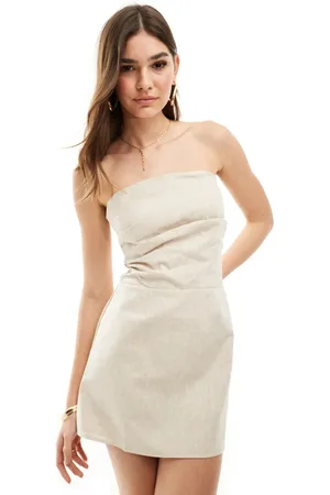 SNDYS Linen bandeau ruched detail mini dress in stone
