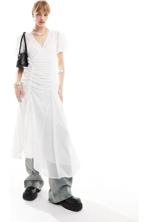 Reclaimed Embroidered tea maxi dress with ruched detail in white