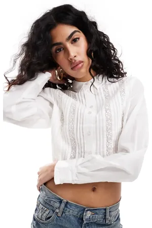 Miss Selfridge Cotton lace trim detail cropped shirt in ivory
