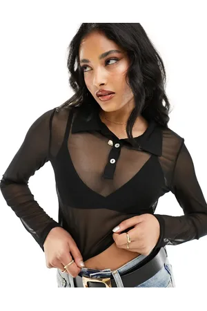 Pieces® Long sleeved mesh polo top in