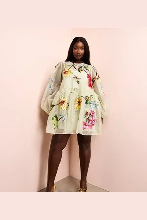 ASOS Curve oversized organza mini smock dress with floral embroidery in