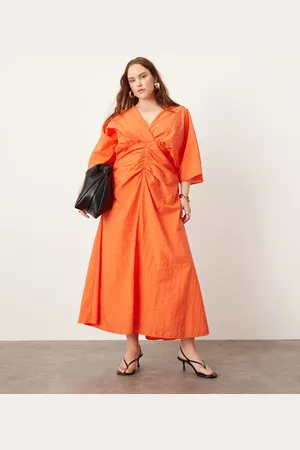 ASOS Curve textured wide sleeve midi dress with ruched waist in orange