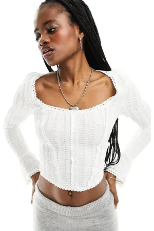 Motel Textured scoop neck flared sleeve top in ivory
