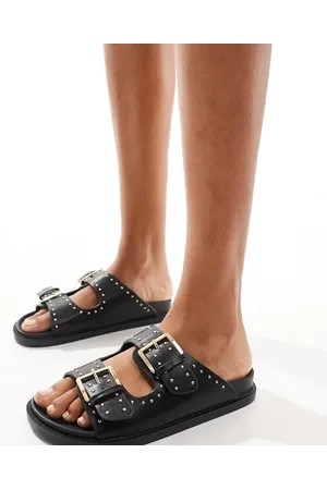 Truffle Collection Wide fit double strap studded footbed sandal in