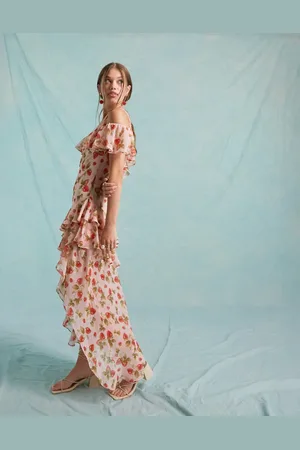 Miss Selfridge Chiffon bardot asym hem maxi dress in strawberry floral