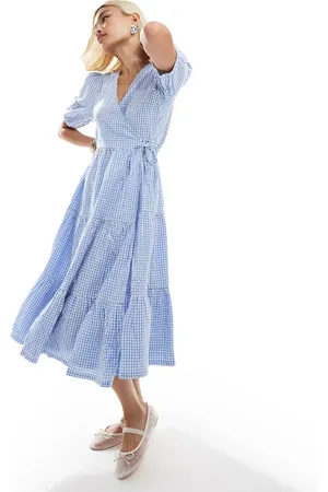 Monki Seersucker wrap midi dress with tiered layers in blue and white gingham