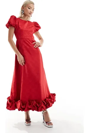 Sister Jane Bow embossed puff sleeve ruffle hem midaxi dress in