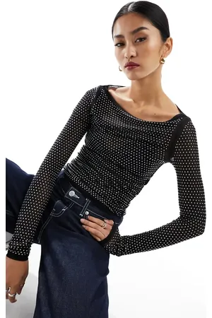 Monki Long sleeve boat neck mesh top with rhinestones in