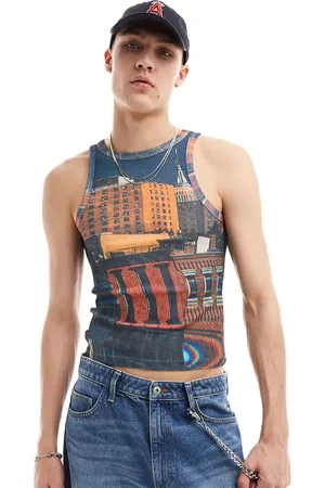 COLLUSION Mesh vest with city scape in shrunken fit