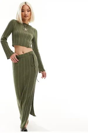 Reclaimed Ribbed knitted midi skirt with tie detail in khaki co-ord