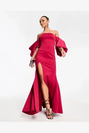 ASOS Off shoulder bodycon premium maxi dress with exaggerated sleeves in deep pink