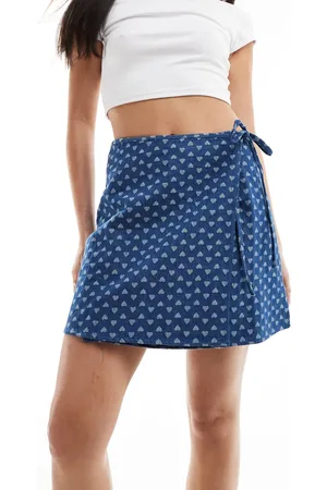 Pieces® Denim wrap skirt in mid with heart print