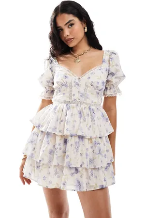 Miss Selfridge Cotton tiered mini tea dress in pink floral