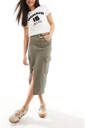 ONLY Front split midi cargo skirt in washed khaki