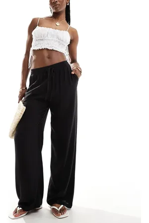 VILA Linen touch tie waist wide leg trousers in