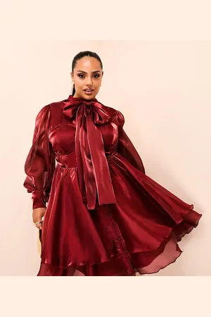 ASOS Curve long sleeved pussybow satin skater mini dress in Burgundy