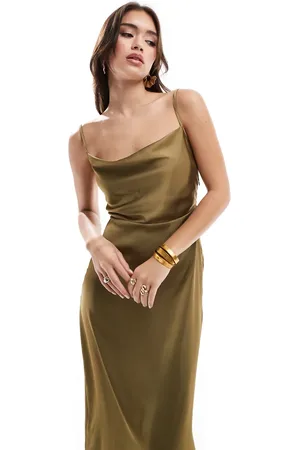VILA Bridesmaid satin cowl neck cami maxi dress in olive