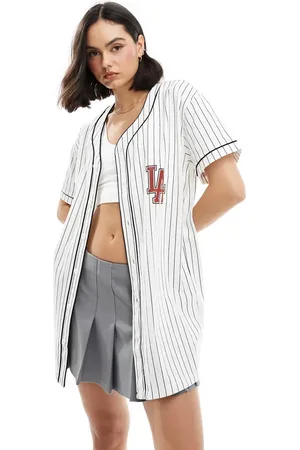 Miss Selfridge Los Angeles 91 graphic baseball tunic in blue and white stripe