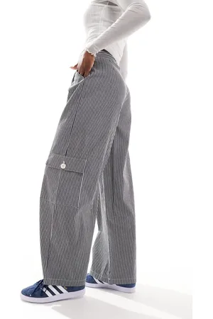 Reclaimed Wide leg cargo trouser in dark grey pinstripe
