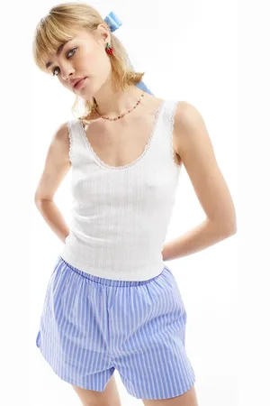 Monki Pointelle scoop neck vest top with lace trim in off