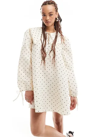 Monki Mini swing dress with collar and tie cuffs in white polka dots print