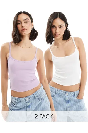 Miss Selfridge 2 pack lace trim rib cami top in white and lilac