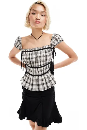 COLLUSION Milkmaid top with open bow side in mono check