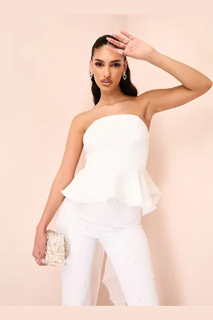 ASOS Bandeau peplum top with embellished pearl bow in