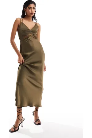 Y.A.S Y.A.S satin cami maxi dress with lace detail in deep taupe