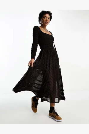 Free People Printed ruffle detail square neck midi dress in