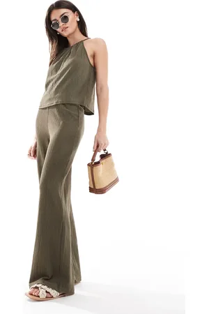 MANGO Textured straight leg co-ord trousers in khaki
