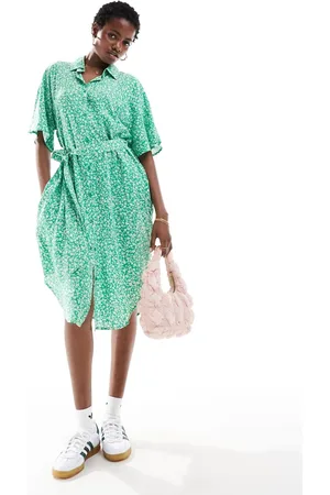 Monki Tie waist midi shirt dress in green meadow print exclusive to ASOS