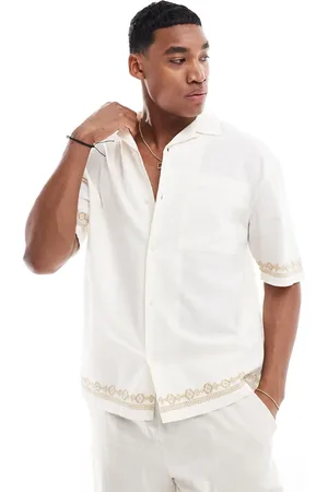 Pull&Bear Embroidered hem revere neck shirt in ecru