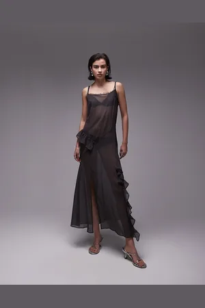 Topshop Maxi sheer dress with frills in charcoal