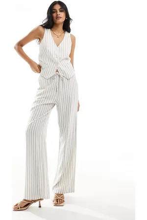 Stradivarius Linen look pull on trouser in natural stripe
