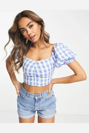 Monki Seersucker puff shoulder blouse in blue gingham
