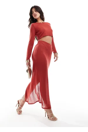 Missyempire Exclusive textured knit bodycon maxi beach skirt co-ord in rust