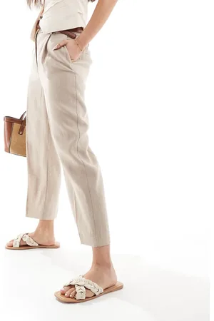MANGO Linen elasticated waist slim trouser in beige
