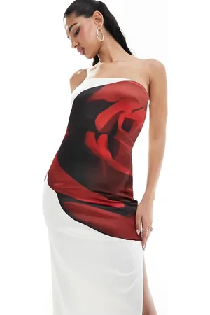Kaiia Satin rose print bandeau maxi dress in
