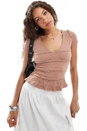 Free People Ribbed ruffle lace v-neck tshirt in terracotta