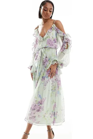 ASOS ASOS DESIGN Tall ruffle off shoulder midi dress in green floral print