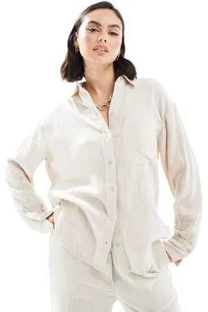 MANGO Linen look textured co-ord shirt in light beige