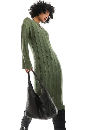 ASOS Open stitch knitted midi dress in khaki