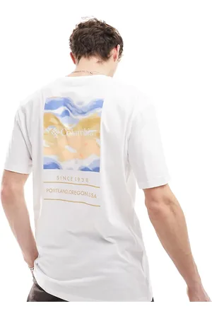 Columbia Barton Springs pattern back print t-shirt in peach multi Exclusive at ASOS