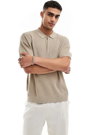 New Look 1/4 zip short sleeve knitted polo in beige