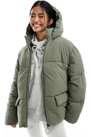 ASOS Mid length puffer coat with hood in olive