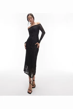 Topshop Lace bardot long sleeve midi dress in