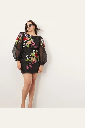 ASOS Curve organza long sleeve embroidered tie back mini dress in