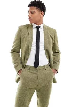 ASOS Skinny wool mix suit jacket in olive basketweave texture